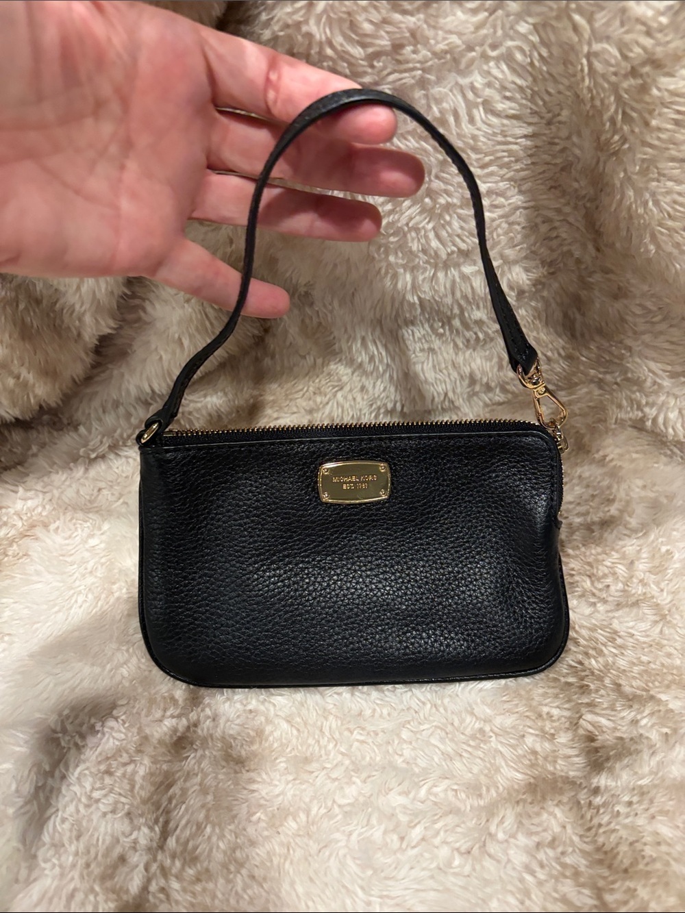 Michael Kors Black Pebbled Leather Wristlet with Gold Plaque
